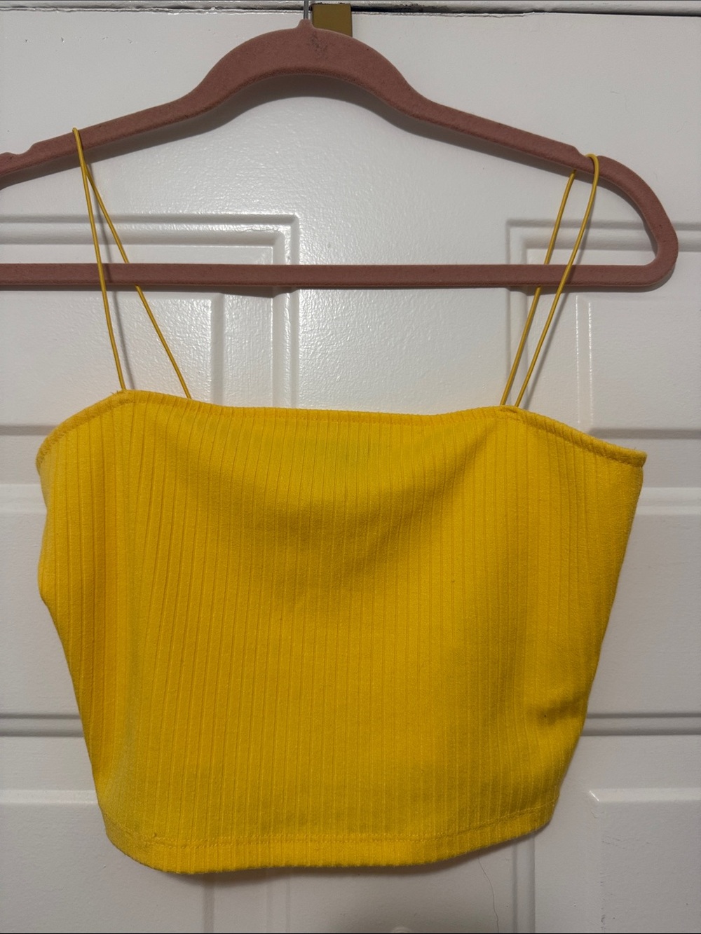 Yellow Ribbed Spaghetti-Strap Crop Top